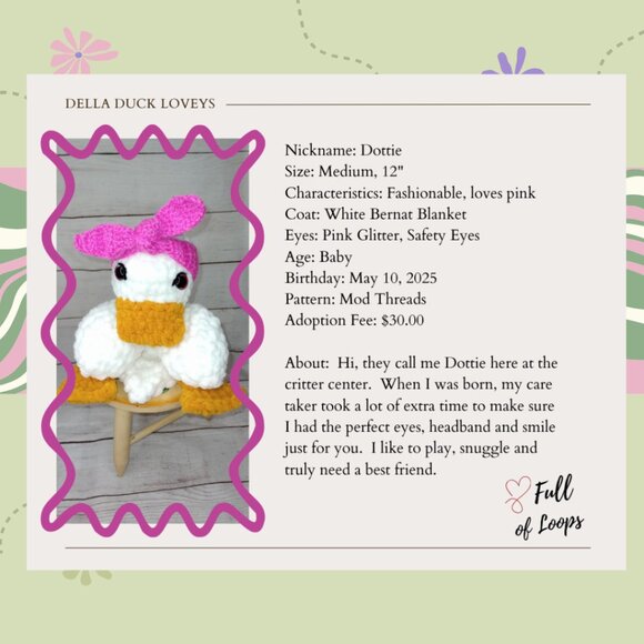 Della Duck Crochet Lovey Plushie with Headband-Handmade by ME! - Picture 3 of 6